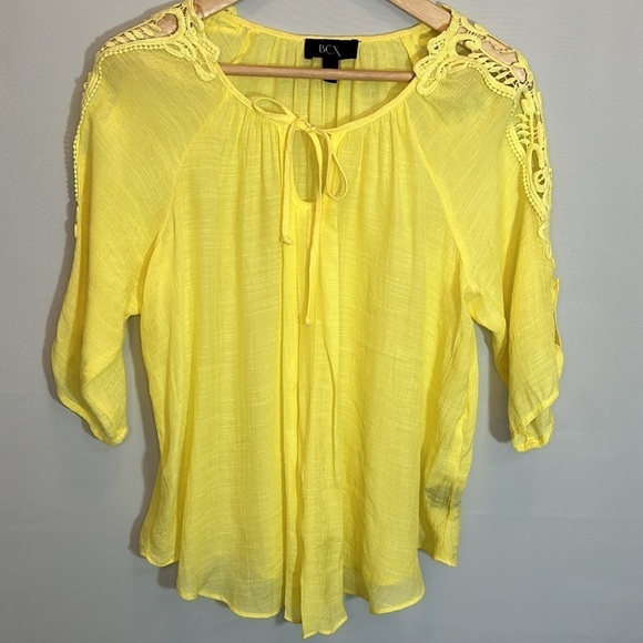 BCX Womens Blouse M  Embroidered Gauzy Tie Pleated Front Elbow Roll Tab Sleeve - Picture 14 of 15